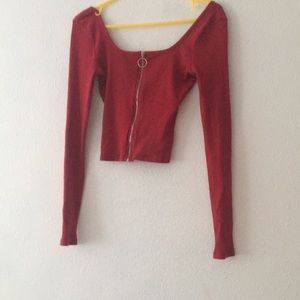 Red cropped zip up shirt